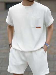 Men's Simple Solid Color Short Sleeve Shorts 2 Pieces Set - White - View 4