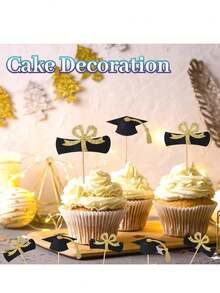 20 Pcs Graduation Cupcake Toppers Glitter Graduation Cap Cupcake Toppers Gold Congrats Grad Centerpiece Sticks Black For Graduation Party Decorations - Cake Card - View 3