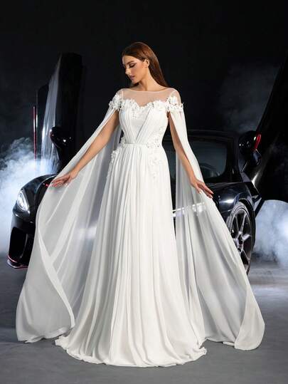 Elegant Chiffon Wedding Dress For Brides | Shawl Sleeve, Delicate Floral Applique On Sheer Fabric, Suitable For Red Carpet Galas, Bridal Banquets, High-Fashion Photoshoots, And Dreamlike Evening Parties