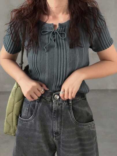 (随机条纹) 夏季针织纯色圆领短袖抽绳休闲女T恤