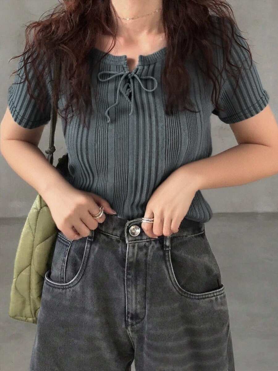 (随机条纹) 夏季针织纯色圆领短袖抽绳休闲女T恤 - 灰色 - 查看 1