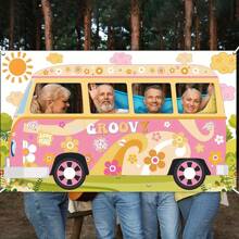 1 pièce Prop photo Van Hippie, Décoration de fête Groovy, Grande prop de van en tissu Groovy, Bannière d'arrière-plan pour Selfie Hippie, Fournitures de fête d'anniversaire, Cadeaux de fête Rétro Daisy des années 60 et 70