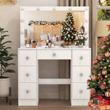 Vanity Dressing Table Desk Set With LED Lighted Mirror 7 Drawers Crystal Handle  Vanity Dressing Table Desk Set