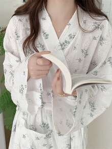 Ins Style Women Spring Summer 2025 New Japanese Robe Sleepwear Loose Ditsy Floral Long Kimono Bathrobe Home Clothes - Apricot Stripes - View 5