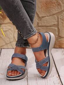 Sandal Kulit Wanita Kasual Musim Panas Model Plus Size 2025 Terbaru dengan Perekat Velcro, Sandal Nyaman dengan Ujung Terbuka. - Biru tua - View 7