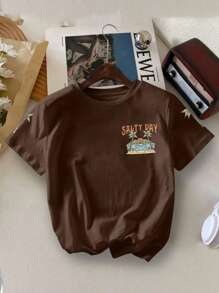 Tween Boy Casual Simple Boys T-Shirt Summer Holiday Seaside Pattern Beach Style Mountain And Sea Tree Pullover Round Neck Short Sleeve T-Sleeve Kids Clothes Boys Summer New Short Sleeve Top