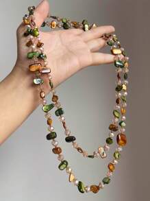 1pc Vintage Versatile Elegant Handmade Natural Shell & Crystal Beaded Long Sweater Chain Necklace
