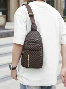 Mini Gingham Print Multi-Pockets Water Resistant Chest Bag Unisex, Portable Messenger Bag For Work, Shopping, Travel, Suitable As Holiday Gift