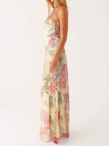 Women's Y2K Summer Maxi Dress Floral Print Sleeveless Cami Long Dress Cross Tie-Up Backless Fashion Spaghetti Strap Dress Beach Vacation Streetwear - 彩色 - 查看 3