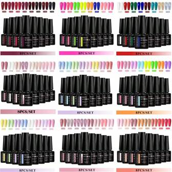 MEET ACROSS 8pcs Gel Nail Polish Set Summer Colorful Sparkle Glitter Semi Permanent Soak Off UV Gel Varnish Long Lasting DIY Nail Art Design All For Decoration Manicure Kits Painting Gel Vernis Nail Supplies For Home And Salon