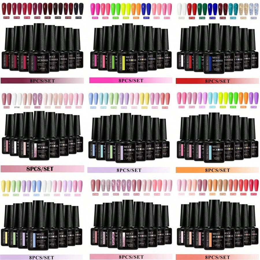 MEET ACROSS 8pcs Gel Nail Polish Set Summer Colorful Sparkle Glitter Semi Permanent Soak Off UV Gel Varnish Long Lasting DIY Nail Art Design All For Decoration Manicure Kits Painting Gel Vernis Nail Supplies For Home And Salon Nails - Nhiều màu - Xem 1