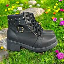 Women's Tractor Boot Low Block Heel Short Shaft Buckle Detail Application Modern Soft Comfortable - 黑色 - 查看 2