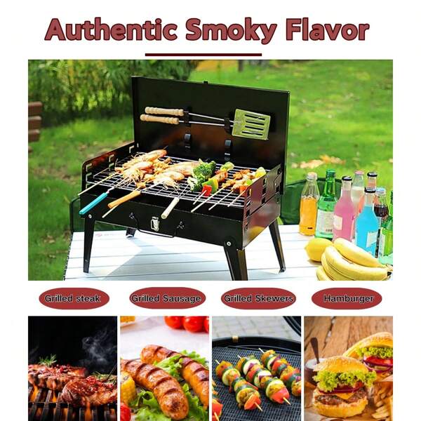 Nuovo barbecue portatile a carbonella, piccolo barbecue da esterno pieghevole, con accessori per barbecue e coperchio, grill portatile da campeggio, piccolo barbecue da tavolo, compatto e facile da pulire, adatto per attività all'aperto come campeggio, picnic, escursioni, spiagge, patio e affumicatura