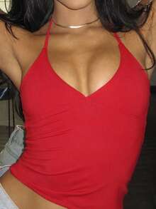 女士纯色V领性感修身红色硅胶效果露脐上衣，街头风，适合返校、暑假、派对、夜店、户外活动 - 紅色 - 查看 3
