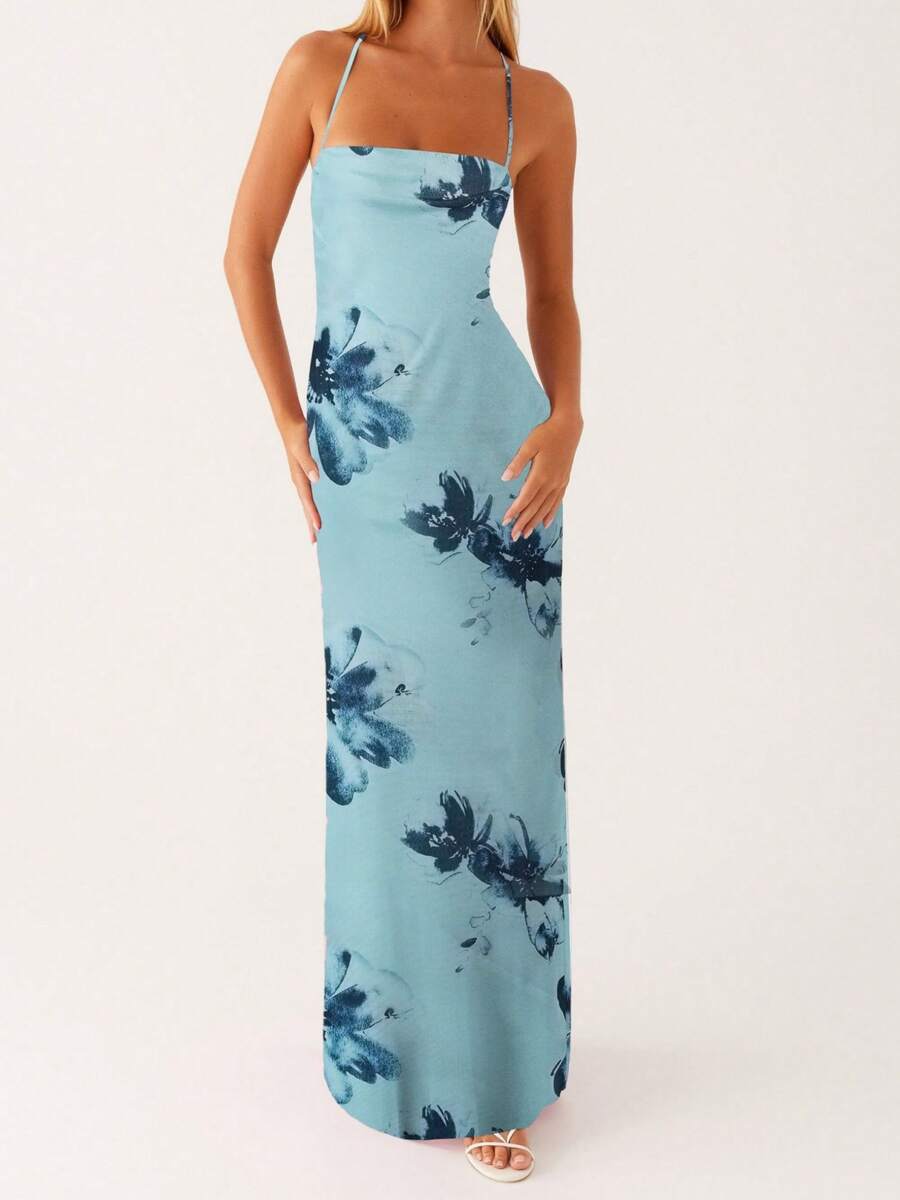 Women's Y2K Summer Maxi Dress Floral Print Sleeveless Cami Long Dress Cross Tie-Up Backless Fashion Spaghetti Strap Dress Beach Vacation Streetwear - Màu xanh lam - Xem 1