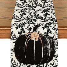 Pumpkin Vine & Dark Floral Autumn Table Runner, Seasonal Fall Kitchen Dining Table Decor For Home Party