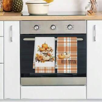 Set de 2 paños de cocina con diseño de rayas y calabaza naranja en estilo acuarela, estilo granja, para baño y decoración del hogar, 45cm*70cm