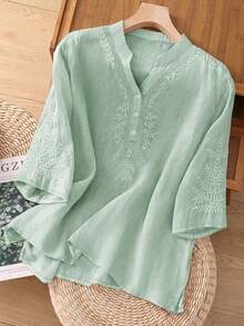 Women's Solid Color Embroidered Loose Casual Linen Top, Spring/Summer - Mint Green - View 2