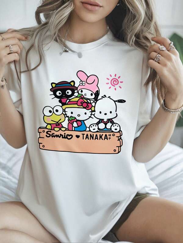 Sanrio Sanrio Hello Kitty Printed Women T-Shirt, Cartoon White Crew Neck Short Sleeve Loungewear Top, Relaxed & Comfortable Couple Pajamas, Perfect For Spring/Summer Casual & Holiday Wear