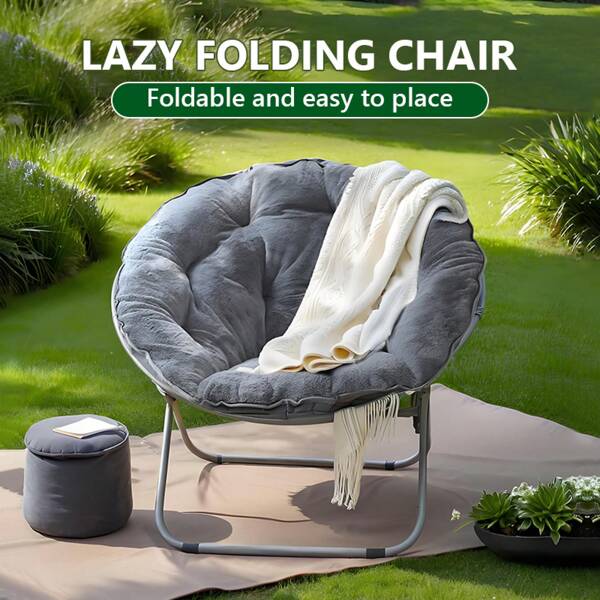1 Piece Grey Chair, Living Room Chair, Imitation Fur Cushioned Seat, Metal Frame Folding Chair, Comfortable Moon Chair, Suitable For Living Room, Bedroom, Reading Corner, Modern Style