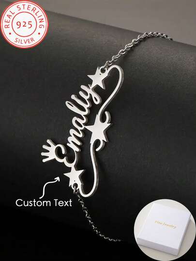 צמיד כתר שם מותאם אישית מכסף 925 אחד עם קישוט כוכבים, אופנת היפ הופ רחוב ליום יום וחג, מתנה אידיאלית ליום האם ולנטיין, אביזר חוף למסיבת חופשה