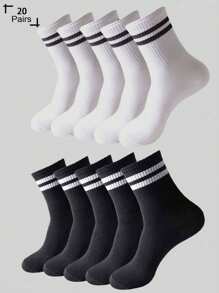 10 Paar/20 Paar unisex schwarz-weiß gestreifte und einfarbige atmungsaktive Socken bis zur Mitte des Knöchels als Freizeitsocken