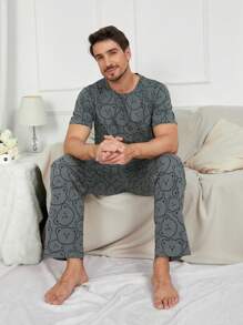 Men's Casual Cartoon Bear Print Short Sleeve Top And Long Pants Pajama Set, Summer Loungewear