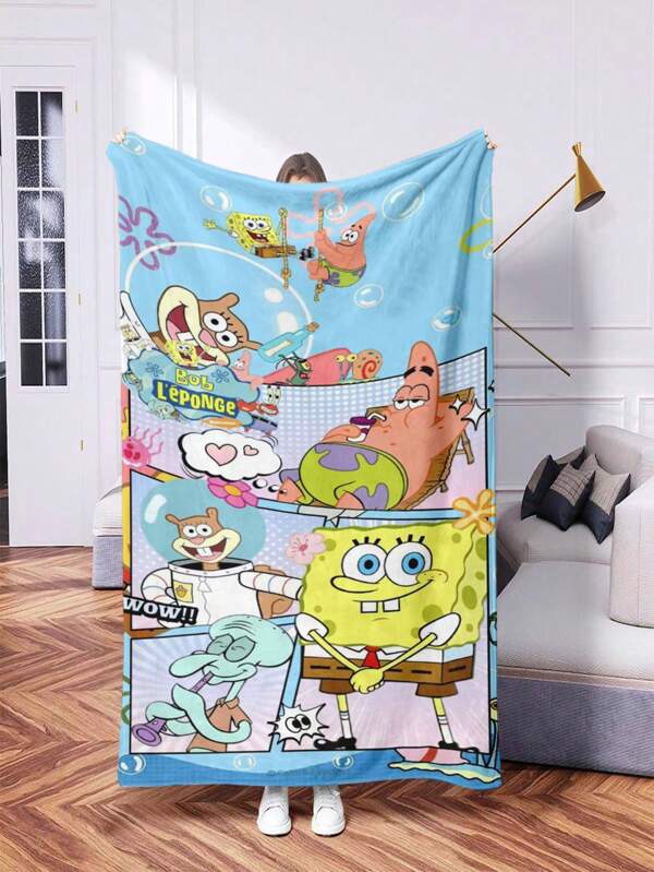 SPONGEBOB 1pc SpongeBob Printed Blanket - Warm Flannel, Multi-Color Digital Printing, All-Season Anti-Tear, Machine Washable, Suitable For Sofa, Bed, Office, Camping, Travel, Birthday And Holiday Gifts. Polyester Fabric, Vintage Quilted, Soft Flannel Surface.