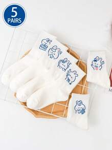 5 Pares (Cores/Padrões Aleatórios) Meias de Bezerro para Mulheres no Estilo Countryside com Desenho de Gato, Coelho Azul e Flor, Fofas e Confortáveis, Novos Estilos