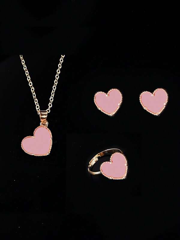 4 Pcs Heart Shaped Romantic Jewelry Set For Women, Including Ring, Necklace, And Earrings, Cute And Luxurious Gift For Mom