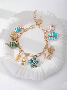 1pc BOHO Bohemia Style Shell, Turquoise Stone, Turtle, Starfish, Natural Stone Tassel Charm Bracelet, Summer Vacation Beach Style (Handmade, Shape And Color Are Random) - Multicolor - View 14