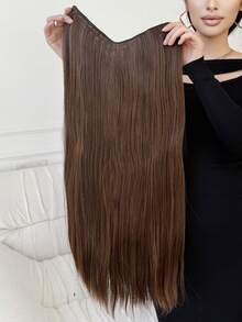 18 英寸长直发接发 4 个安全夹 V 型接发夹浅棕色接发，耐热纤维合成假发，适合日常派对