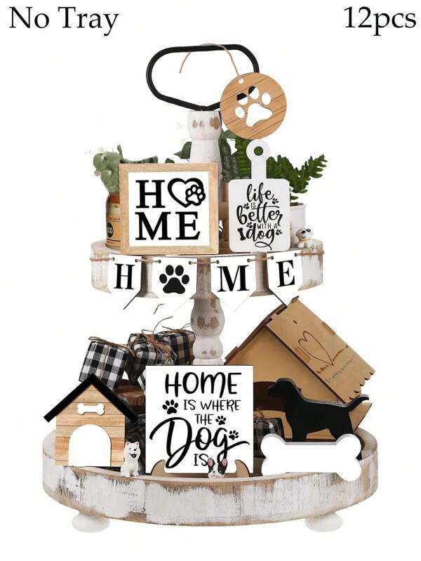 12pcs Dog Home Theme Tiered Tray Decor Set, Home Wooden Table Decor Sign Farmhouse Bone Paw Tray Decor Dog Decorations For Home Kitchen Table, Housewarming Gift