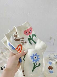 5 Pares (Estilos Aleatórios) Meias de Média Cano Versáteis para Todas as Estações para Mulheres, Azul/Verde, Estilo Streetwear Chique, Estilo Tulipa Grafite Fofo Estilo Universitário