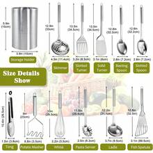 GJL   Stainless Steel Kitchen Utensils Set - 12pcs Cooking Utensils Set With Holder, Heat Resistant Kitchen Tool Set For Cooking With Turners, Potato Masher, Spatula, Spoons, Tongs, Whisk - 銀色 - 查看 4