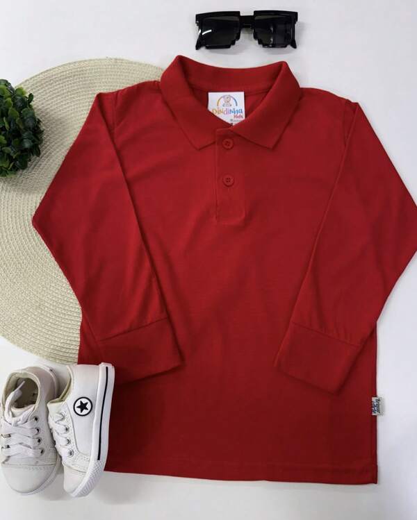 Camisa Polo Infantil Manga Longa Menino Masculina Preta Branca Azul Marinho Marrom