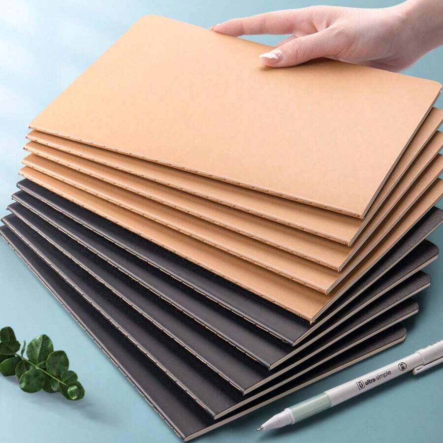 A5/B5 Kraft Paper/Black Notebook, Minimalist Stitched Workbook, Lined Grid, Student Notepad, Blank Notebook, Travel Journal, Unlined Sketchbook, Memo Diary, Planner, Office & School Supplies, Back To School Essentials