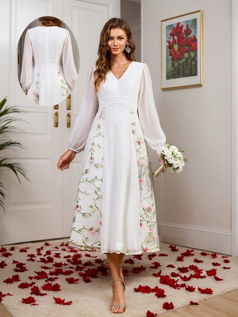 白色花朵刺绣V领灯笼袖新娘告别礼服，婚纱，小白裙 - 白色 - 查看 1