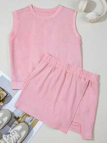 Mineral Wash Round Neck Tank Top Lined High Waist Split Skirt Set - Light Pink - 查看 4
