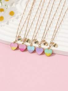 Bộ 5 dây chuyền mặt trái tim tráng men nhiều màu hợp kim kẽm cho bé gái kèm thẻ BFF, thích hợp để đeo hàng ngày và chia sẻ với bạn thân - Nhiều màu - Xem 2
