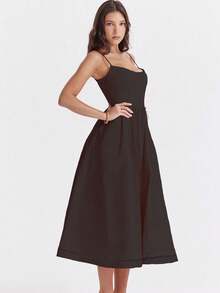 纯色性感U领褶饰腰部喇叭下摆无袖连衣裙 - 黑色 - 查看 7