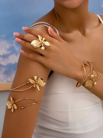 1 Set Vintage Geometric & Floral Rhinestone Inlaid Bracelet, Bangle, And Ring Jewelry Set, For Women Gift/Party