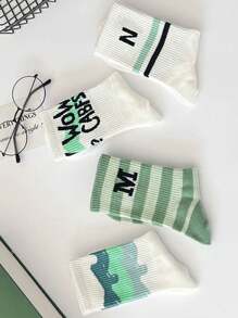 5 Pares (Estilos Aleatórios) Meias de Média Cano Versáteis para Todas as Estações para Mulheres, Azul/Verde, Estilo Streetwear Chique, Estilo Tulipa Grafite Fofo Estilo Universitário