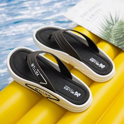 1 Pair Men's Casual Beach Letter Flip Flops, Comfortable Lightweight Slippers For Beach Travel, Anti-Slip Shower Sandals