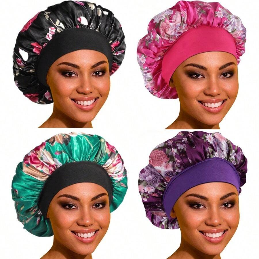 4 paquete de gorros de satén para dormir, gorros de seda grandes con banda elástica suave para el cuidado del cabello, Braids z001 - Conjunto K - Ver 1
