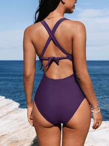 Women's Swimsuit Tummy Control Deep Double Straps Crisscross Back Tie Bathing Suit, 2025 Swimwear - 深紫色 - 查看 2