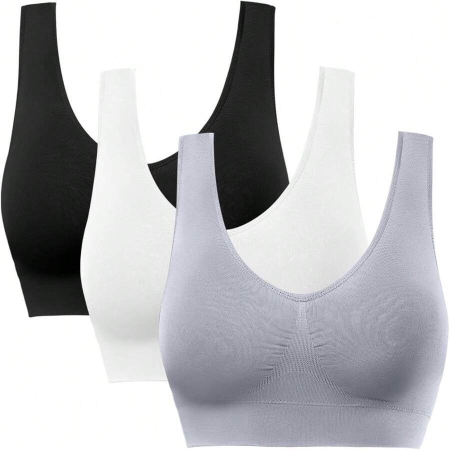 Sports Bras For Women, Seamless Comfortable Yoga Bra With Removable Pads - 04-3包黑白灰 - 查看 1