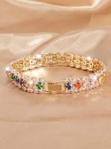 1pc Bohemian Style Multicolor Square Cubic Zirconia, Oval Cubic Zirconia Chain, Geometric Design Bracelet For Women, Suitable For Daily, Resort, Party Wear (Random Mixed Color)