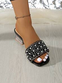 Sandalias de tacón alto grueso con punta abierta para mujer, correa de PVC transparente con decoración de rhinestones, chanclas de verano de tacón medio con slip-on, regalo de San Valentín - Negro - Ver 5