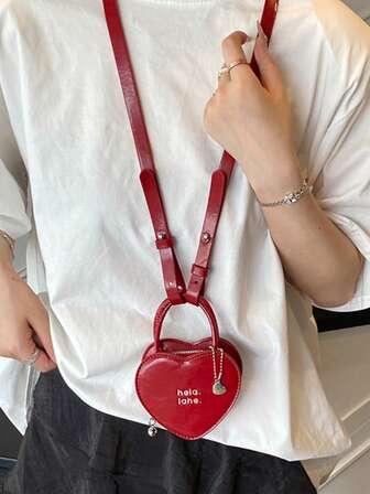 Women's PU Leather Heart Shaped Mini Neck Hanging Coin Purse Letter Decor Gift Adjustable Fashion Crossbody Bag For Women Wallet Mini Wallet Purse Wallet Coin Wallet